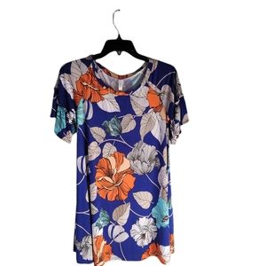 Watermelon floral blue, white, and orange dress.